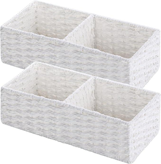 Vagusicc 2 Section Wicker Storage Basket, Wicker Baskets for Storage, Toilet Paper Basket for Toilet Tank Top, Small Wicke Baskets for Organizing Shelves, 2-Pack, White - ModernBath