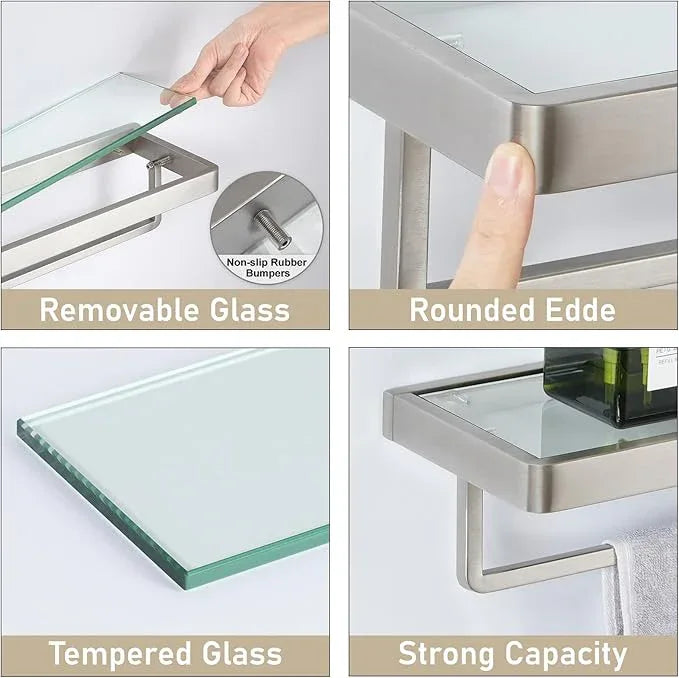 Glass Floating Shelves for Wall, Brushed Nickel 20 Inch Tempered Glass Rectangular 1 Tier Organizer Shelf for Bathroom - ModernBath