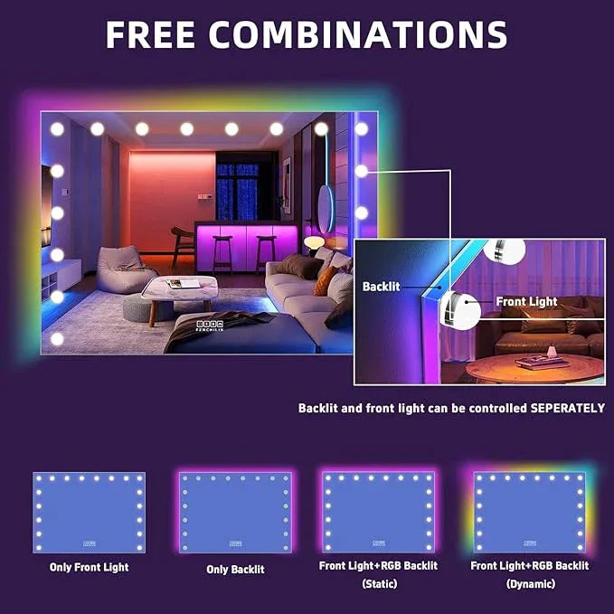 FENCHILIN 32 x 23 Inch RGB LED Vanity Mirror with Light and RGB Backlit Hollywood Lighted Makeup Mirror, Smart Touch Control Light Mirror with Memory Function - ModernBath
