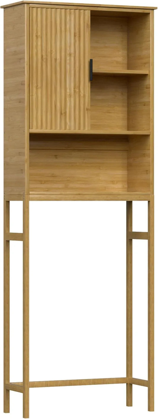 BlueWish Over The Toilet Storage Cabinet, Bamboo Over Toilet Storages with Fluted Door, Over The Toilet Cabinet Bathroom Organizer, Bathroom Shelf Over The Toilet, Storage Rack, Natural - ModernBath