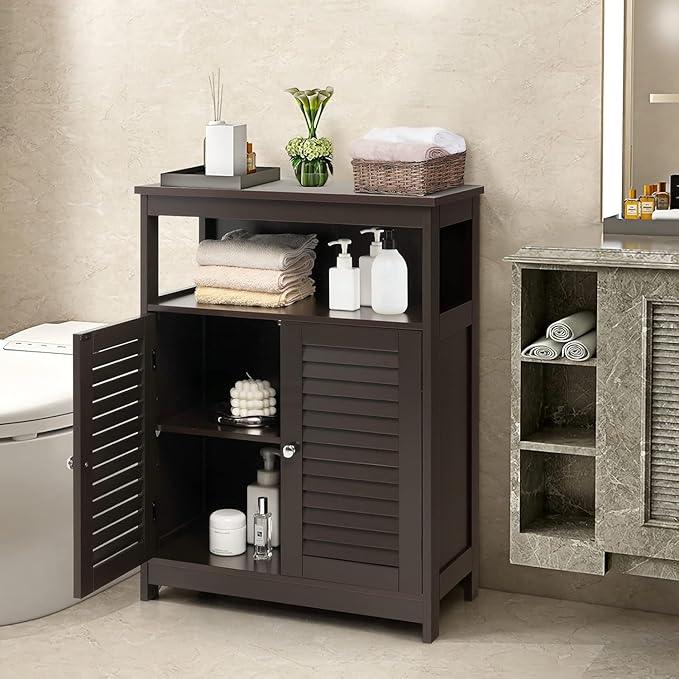 LDAILY Freestanding Bathroom Organizer, Double Shutter Doors, Adjustable Shelf, Wooden Floor Cabinet, Brown - ModernBath