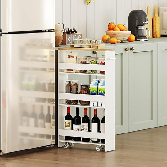 Small Kitchen Cart, 4-Tier Slim Rolling Island w/Handle, Laundry Room Storage Organizers Between Washer and Dryer, Narrow Spice Rack on Wheels Next to Fridge (White & Natural, 5'')