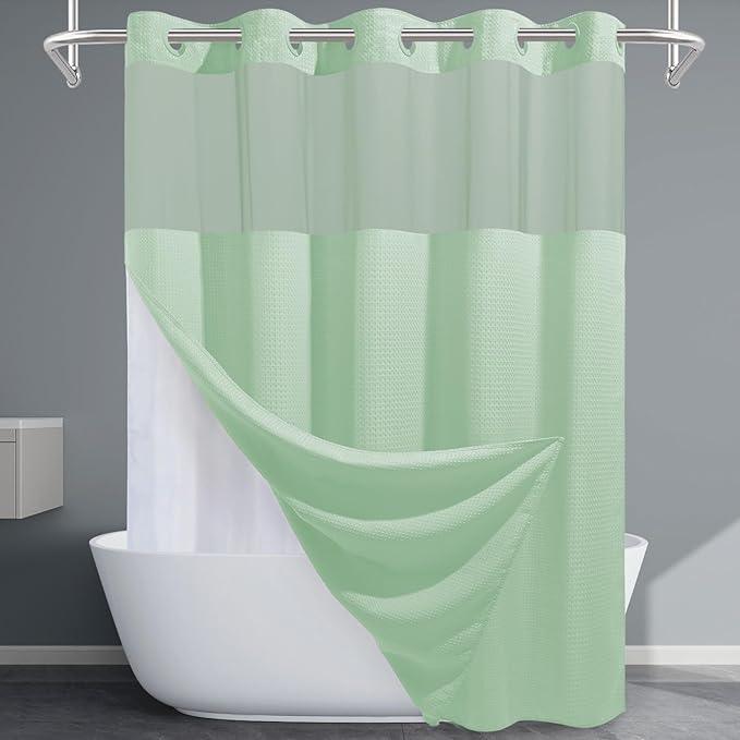 EUTXL Mint Green Long No Hook Shower Curtain with Snap in Liner,230GSM Waffle Weave Shower Curtains for Bathroom,71W x 86H - ModernBath
