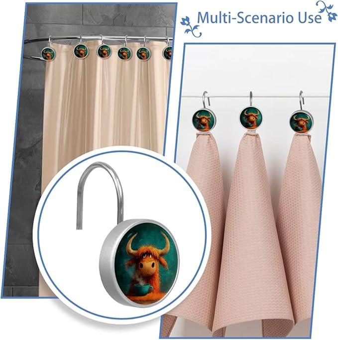 Cartoon Yak Rust Proof Shower Curtain Hooks 12Pcs for Bathroom Shower Rod, Decorative Shower Hooks Shower Curtain Hanger Rings Roller, Glass, Resin, Stainless Steel - ModernBath