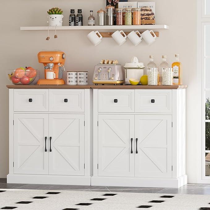 Vabches Farmhouse Buffet Sideboard with Drawers, Wood Pantry Cabinet with Storage, Rustic Storage Cabinet with Adjutable Shelf and Barn Door for Kitchen, Dining Room, Living Room, White - ModernBath