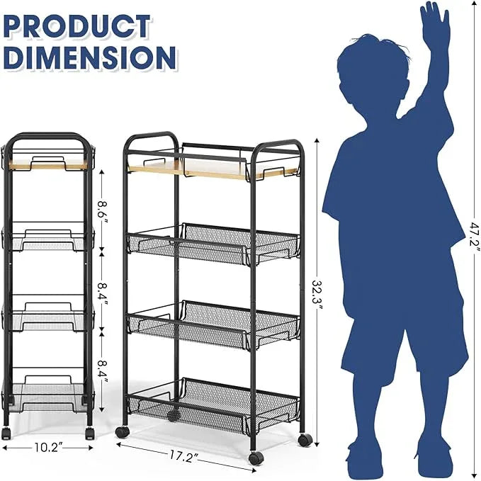TOOLF 4-Tier Rolling Cart, Metal Utility Cart, Slide Out Storage Cart with Wooden Tabletop and Mesh Baskets, Easy Assemble Trolley for Kitchen Bathroom Laundry Room Bedroom Apartments Dormitory - ModernBath