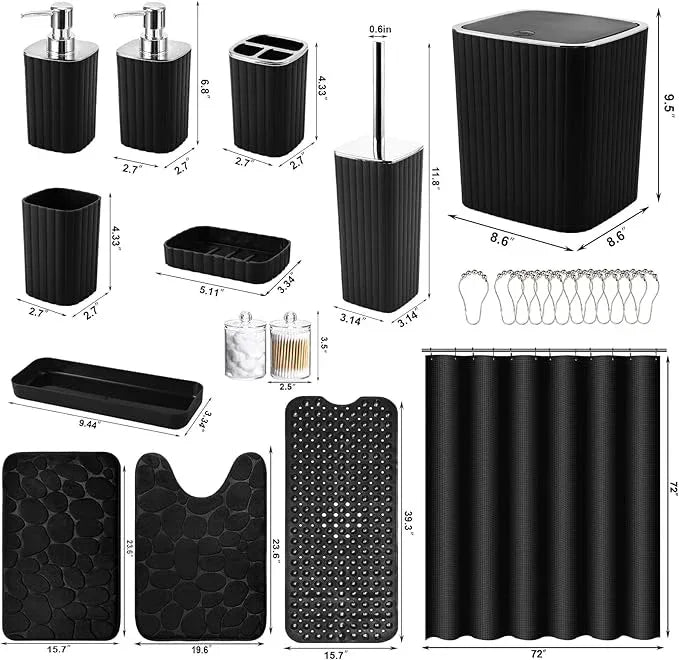 XLHOMO 26PC Bathroom Accessories Set - Gorgeous Black Bathroom Set, Bathroom Accessory Set, Black Shower Curtain Set with Bathtub Mats for Shower Tub - ModernBath