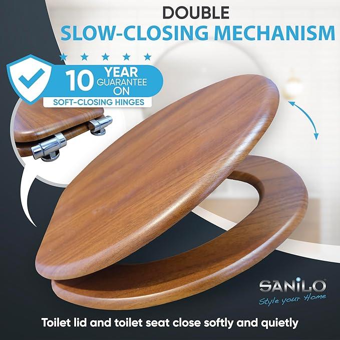 SANILO Wooden Toilet Seat with Soft Close [ELONGATED] - Decorative, Quiet & Slow Close Molded Wood Seat - With Strong Bumpers & Hinges - Adjustable Fit - Mahogany - ModernBath