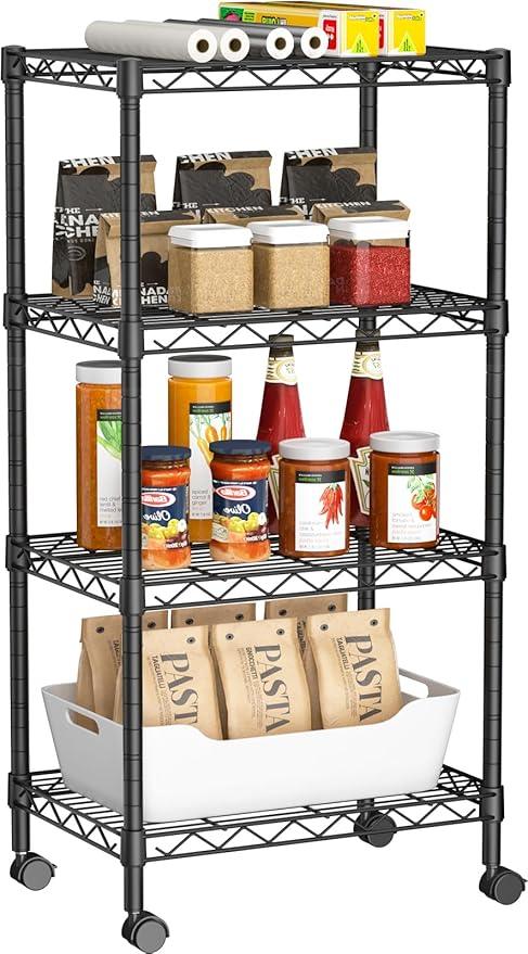 Small 4 Tier Shelves Storage Wire Shelving Unit Metal Shelf Adjustable Organizers Storage Shelving with Wheels for Bathroom Laundry Room Kitchen Pantry12”D x 18”W x 44.8”H Black - ModernBath