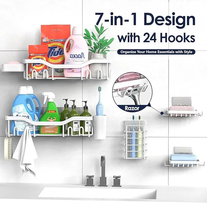 Shower Caddy Adhesive Shower Organizer 7-Pack, Rustproof Stainless Steel Bathroom Shelves, Large Capacity No-Drill Rack Storage Accessories with Soap Dish Toothbrush Holder Hooks (White) - ModernBath