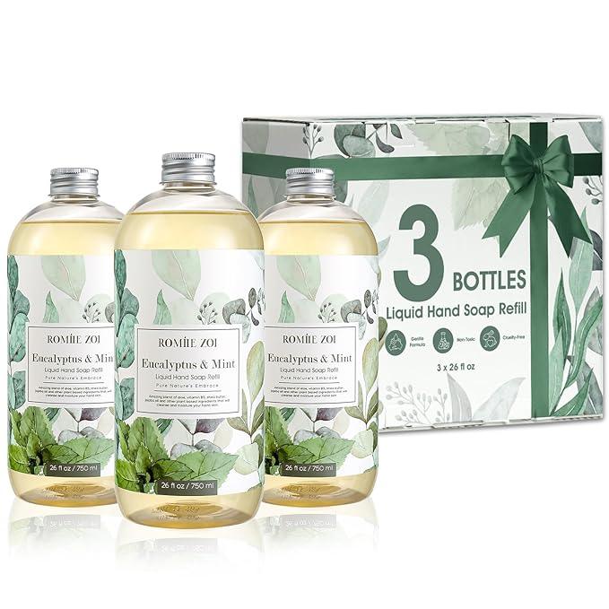 ROMIIE ZOI Eucalyptus & Mint Liquid Hand Soap Refill, Gentle & Moisturizing Formula, Natural Cruelty-Free Soap, Large 750 ML Bottles Bulk for Kitchen, Bathroom, and Dispensers (26 FL OZ, Pack of 3) - ModernBath