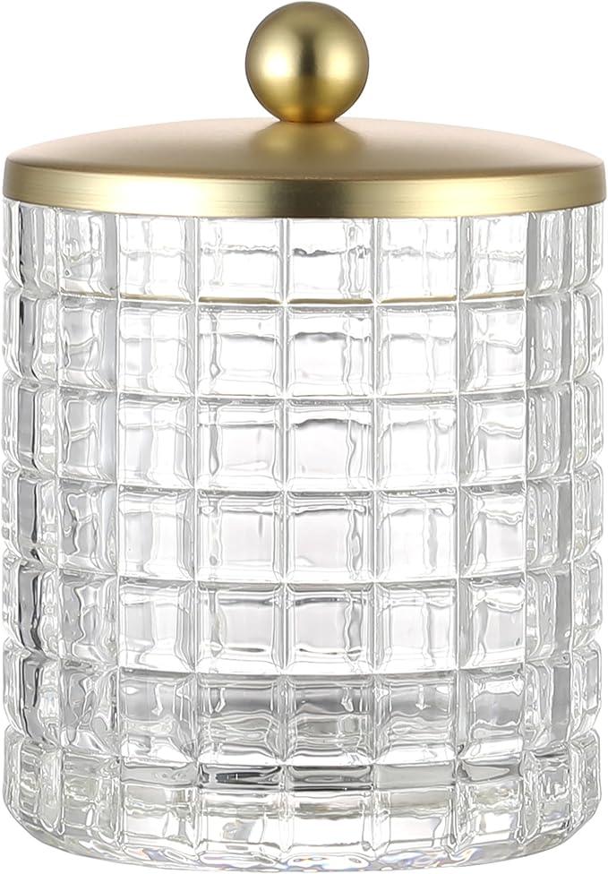 Indecor Home Clear Tranparent Apothecary Etched Geometric Grid Glass Jar W/Gold Metal Lid Cover for Bathroom Organization, Cotton Balls, Q Tips, and Small Accessories, Bathroom Storage - ModernBath