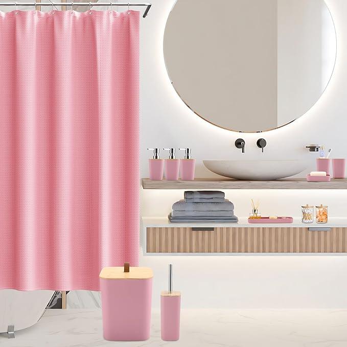 XLHOMO Bathroom Sets with Shower Curtain and Rugs, 27PCS Pink Bathroom Accessories Set with Trash Can, Pink Shower Curtain Set, No Slip Super Absorbent Bathroom Rugs - ModernBath