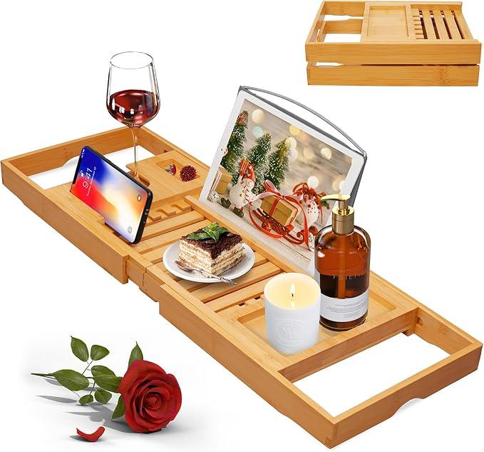 Artmalle Luxury Bathtub Caddy Tray for Tub - Foldable Bamboo Bath Table Tray with Book and Wine Glass Holder, Expandable Bathroom Accessories for Spa or Reading Lite Style - ModernBath