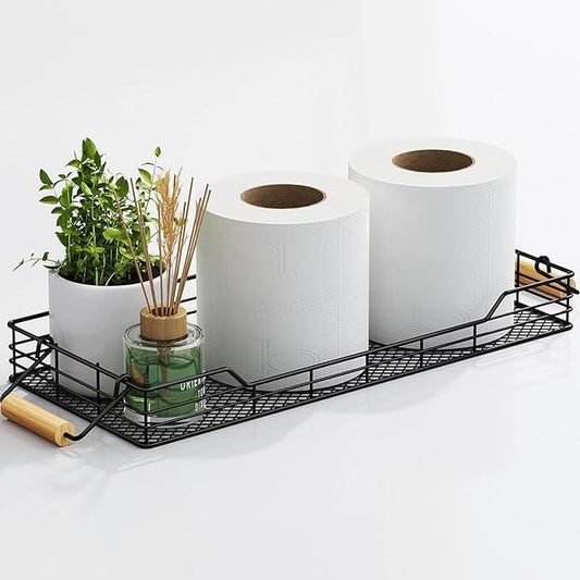 VITVITI Metal Toilet Paper Basket Storage, Bathroom Toilet Tank Tray with Bamboo Handle Countertop, Back of Toilets Tray Basket for Vanity Kitchen Counter Decor, Black - ModernBath
