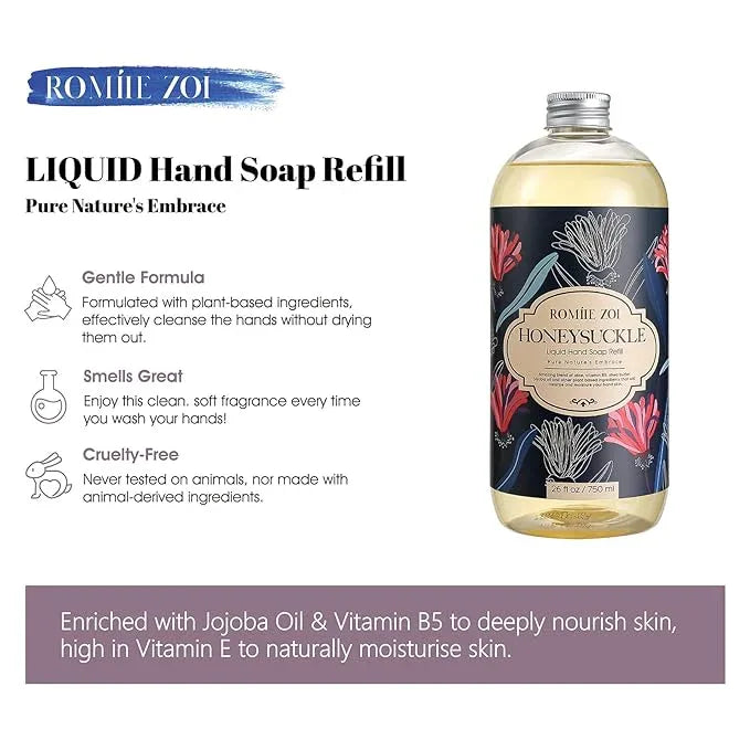 ROMIIE ZOI Liquid Hand Soap Refill, Honeysuckle, Gentle & Moisturizing Formula, 750 ML/ 26 FL OZ - ModernBath