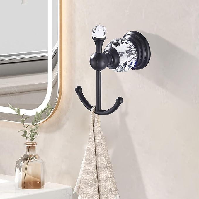 Crystal Black Towel Hook, Bathroom Robe Hook, Coat Rack Hanger Heavy Sturdy Double Towel Hooks Bath Farmhouse Clothes Hook Wall Mounted Modern for Bathroom Kitchen Washroom - ModernBath