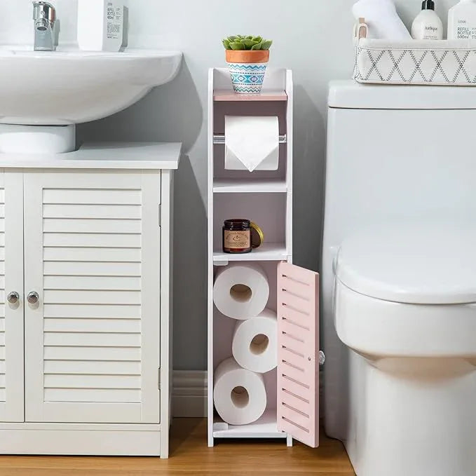 AOJEZOR Toilet Paper Holder Stand: Small Bathroom Storage Cabinet - Pinkish Rose - White - ModernBath
