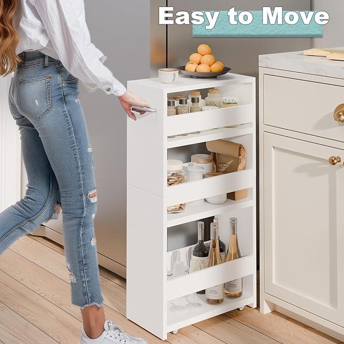 MARTY Rolling Storage Cart 7.9" W, 4-Tier Kitchen Cart with Wheels Handle, Slim Storage Cart Mobile Shelving Utility Carts for Bathroom Laundry Room Organization Narrow Places (All White) - ModernBath