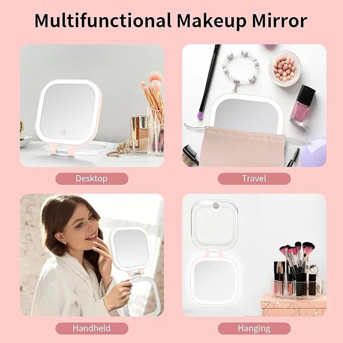 DESCHEN Rechargeable Travel Makeup Vanity Mirror with Lights and Magnification, Portable 1X/10X Magnifying Mirror with 3 Color Light, Lighted Makeup Mirror with Magnification, Folding LED Desk - Pink - ModernBath