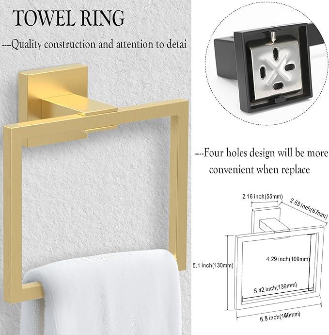 BOZWELL 5 Piece Light Brushed Gold Stainless Steel Towel Bar Set, 23.6 inch Square Bathroom Hardware Accessories Set,Wall Mounted Towel Racks for Bathroom with TP - ModernBath