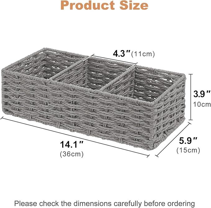 EITMOW Seagrass Wicker Basket for Toilet Tank Top, 3-Compartment Handwoven Bathroom Organizer for Toilet Paper, Pads, and Accessories (2, Gray) - ModernBath