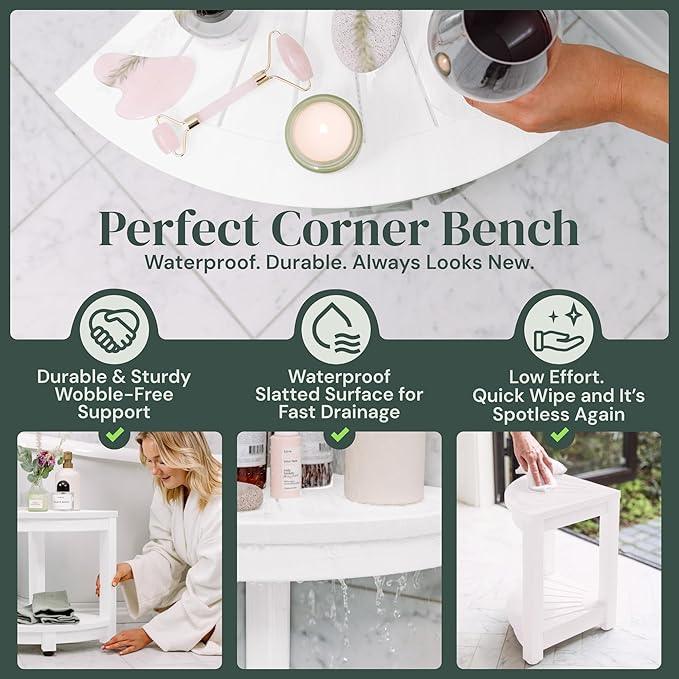 ROHKEX Waterproof Corner Shower Stool - White Waterproof Shower Bench for Shaving Legs & to Sit On - Easily Assembled Corner Bench & Shelf - Restroom Organizer - Restroom Home Decor Gift Idea - ModernBath