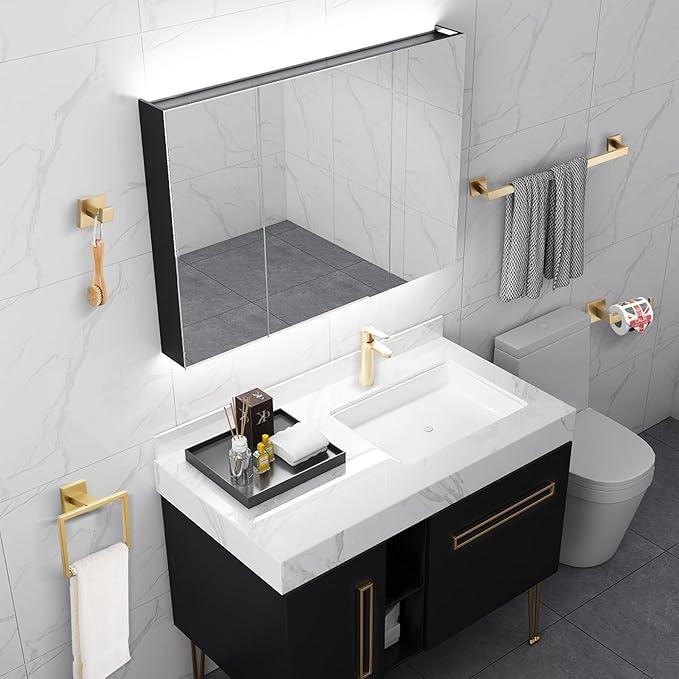 Brushed Gold Bathroom Towel Bar Sets Premium Stainless Steel 4-Piece Bathroom Hardware Set Wall Mounted Square Bathroom Accessories Kit - ModernBath