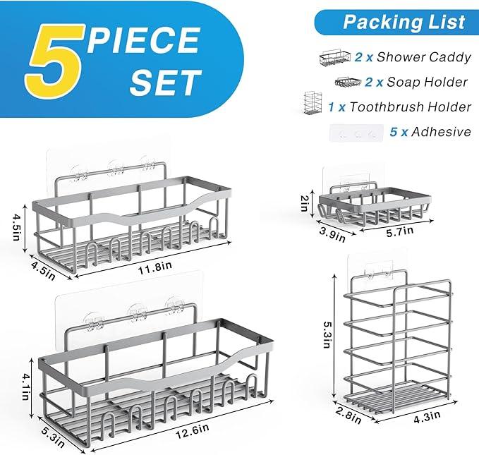 EUDELE 5-Pack Rustproof Stainless Steel Shower Caddy – No Drill Adhesive Bathroom Organizer with Large Capacity, Spacious Shower Shelves for Inside Shower, Kitchen & Home Decor Storage-XL Size - ModernBath