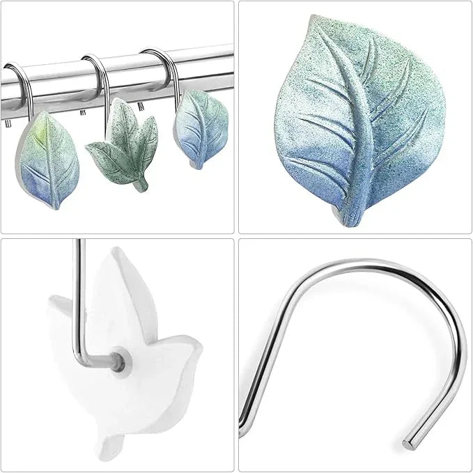 Gibelle 12PCS Leaves Shower Curtain Hooks, Blue Plant Leaf Decorative Shower Curtain Hooks Metal Rustproof Cute Eucalyptus Shower Curtain Rings Bathroom Decoration Accessories - ModernBath