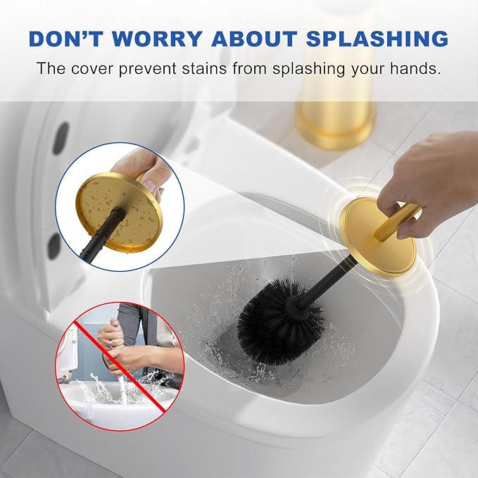 Toilet Brush and Holder Set: 304 Stainless Steel Brushed Gold Toilet Bowl Brush and Holder with Removable Inner Bowl and Splash Protection, Heavy Duty Long Handle Bathroom Cleaning Tool - ModernBath
