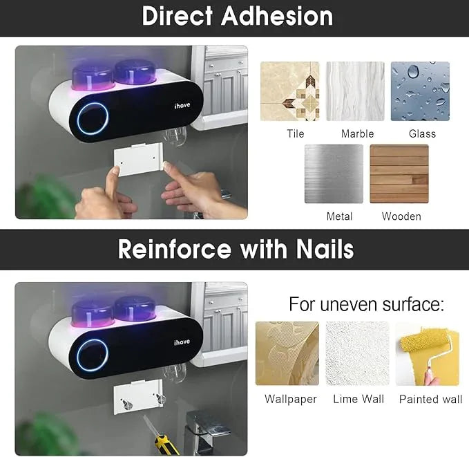 iHave Toothbrush Holders for Bathrooms, UV Toothbrush Sanitizer and Holder Smart Home Bathroom Accessories, 2 Cups Electric Toothbrush Holder Wall Mounted with Toothpaste Dispenser Bathroom Decor - ModernBath