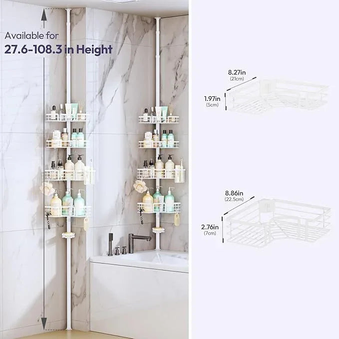 SWTYMIKI Shower Caddy Tension Pole - 4-Tier Corner Shower Organizer Tension Rod with Soap Holder, Toothbrush Holder & 4 Hooks, Adjustable Stainless Steel Bathroom Organizer 27.6 to 108.3 inch, White - ModernBath