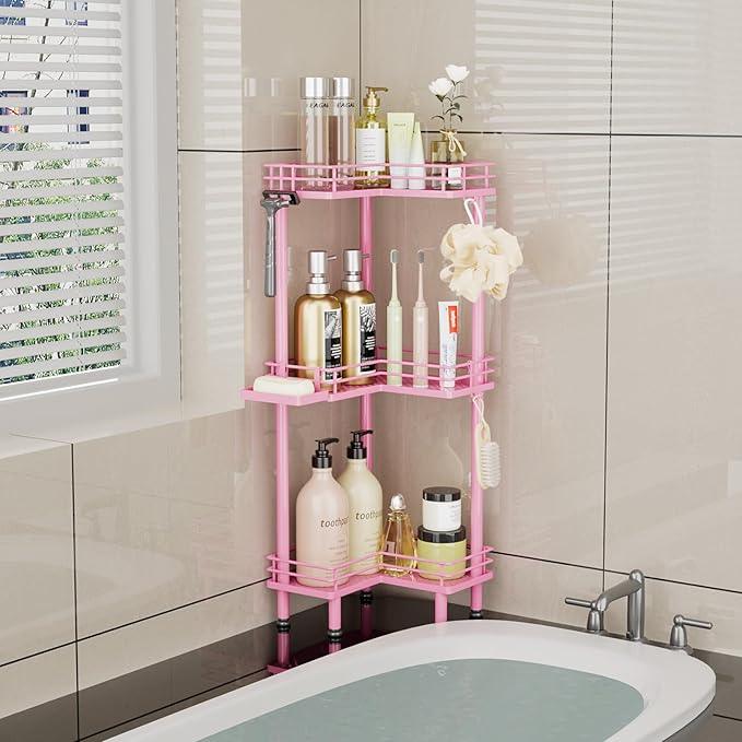 Consumest Corner Shower Caddy Standing - 3-Tier Stainless Steel Shower Organizer with Soap Holder and 4 Hooks, Large Capacity Corner Shelf Stand for Bathroom, Rest Room, Pink - ModernBath