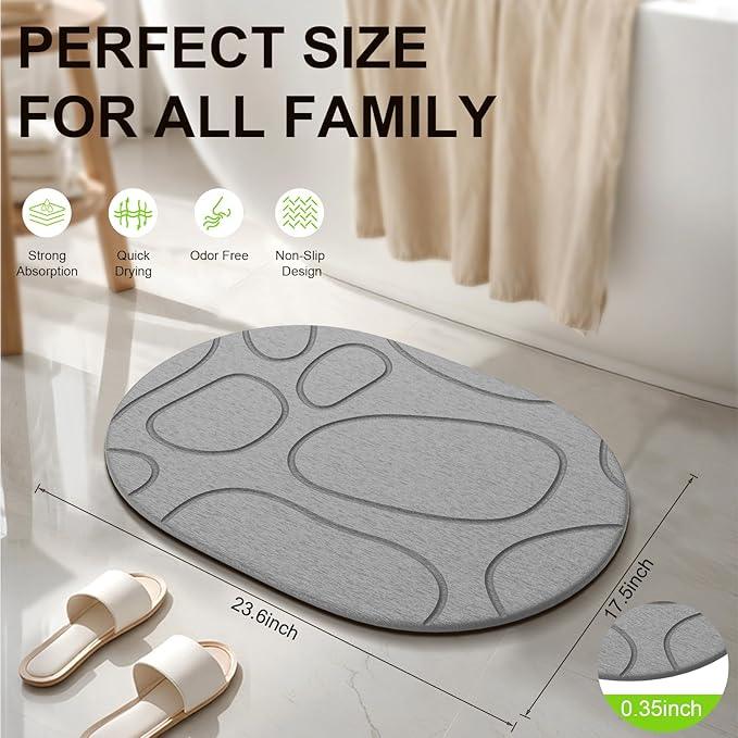 Cenepor Stone Bath Mat Diatomaceous Earth: Non-Slip Super Absorbent Shower Mat Quick Drying Bathroom Mat, Easy to Clean & Odorless Diatomite Bathmats for Bathroom Floor, Grey - ModernBath