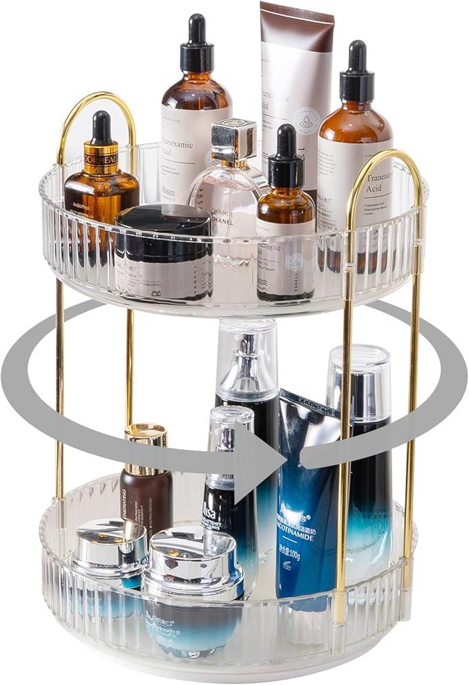 INVSSENE 360° Rotating Makeup Organizer, Bathroom Make Up Spinning Holder Rack, Large Capacity Cosmetics Storage Vanity Shelf Countertop, Fits Cosmetics, Perfume, Skincare(2 Tiers, Clear) - ModernBath