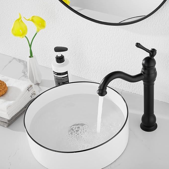 Black Bathroom Faucet GGStudy 360° Swivel Single-Handle One Hole Bathroom Vessel Sink Faucet Matching Pop Up Drain - ModernBath