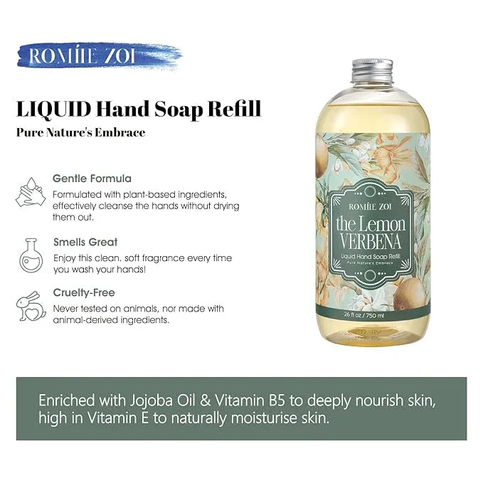 ROMIIE ZOI Liquid Hand Soap Refill, Lemon Verbena, Gentle & Moisturizing Formula, 750 ML/ 26 FL OZ - ModernBath