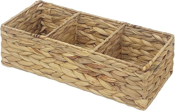 Seagrass Wicker Basket for Toilet Tank Top, 3-Compartment Handwoven Bathroom Organizer for Toilet Paper, Pads, and Accessories (1, Water Hyacinth) - ModernBath