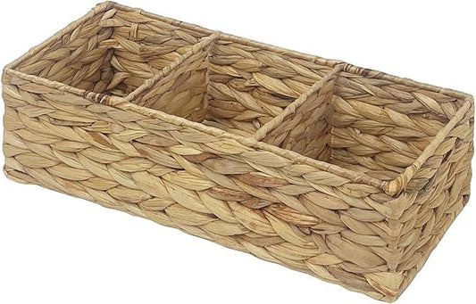 Seagrass Wicker Basket for Toilet Tank Top, 3-Compartment Handwoven Bathroom Organizer for Toilet Paper, Pads, and Accessories (1, Water Hyacinth) - ModernBath
