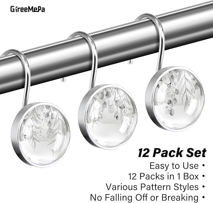 12 Pcs Round Grey Eucalyptus Decorative Shower Curtain Hooks - Rust Proof Glass Surface Stainless Steel Rings for Farmhouse Bathroom - ModernBath