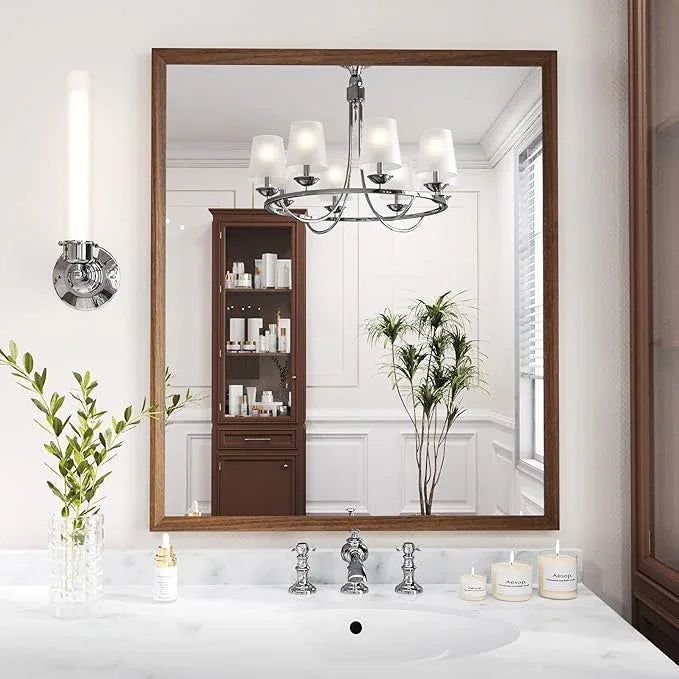 WEER Walnut Framed Mirror for Bathroom, 36x30 Inch Wall Mounted Mirror, Wood Grain Framed Vanity Mirror, Farmhouse Bathroom Mirror, Tempered Glass, Vertically or Horizontally, Anti-Rust - ModernBath