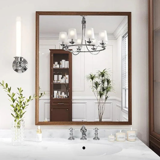 WEER Walnut Framed Mirror for Bathroom, 36x30 Inch Wall Mounted Mirror, Wood Grain Framed Vanity Mirror, Farmhouse Bathroom Mirror, Tempered Glass, Vertically or Horizontally, Anti-Rust - ModernBath