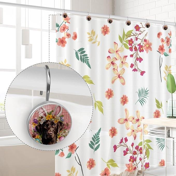 Dog and Easter Eggs Shower Curtain Hooks 12Pcs, Decorative Rust Resistant Shower Rings for Shower Curtain Rods, Stainless Steel Round Curtain Hooks for Bathroom, Bedroom, Farmhouse - ModernBath