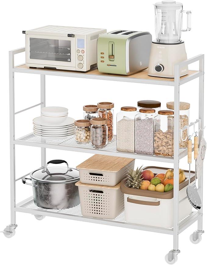 3-Tier Metal Storage Rack with Industrial Wheels,Mesh Shelving Unit with Wooden Table top,Adjustable Shelf,31.5-Inch Width, for Kitchen, Laundry,Pantry,Plant,Oak panel and white frame - ModernBath