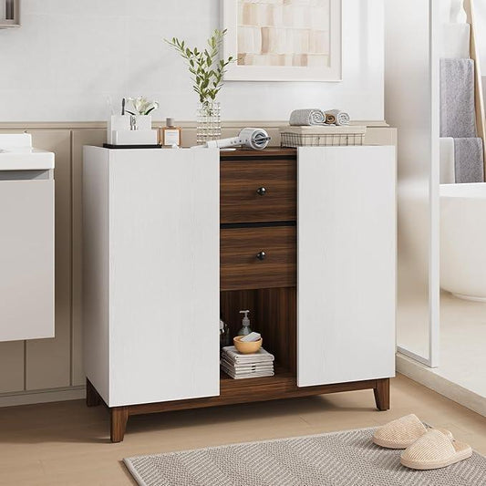 Bathroom Storage Cabinets with Drawers and Doors, Kitchen Storage Cabinet with Adjustable Shelf, Floor Sideboard Buffet Cabinet for Living Room, Kitchen, Hallway, Dining Room, White Walnut - ModernBath