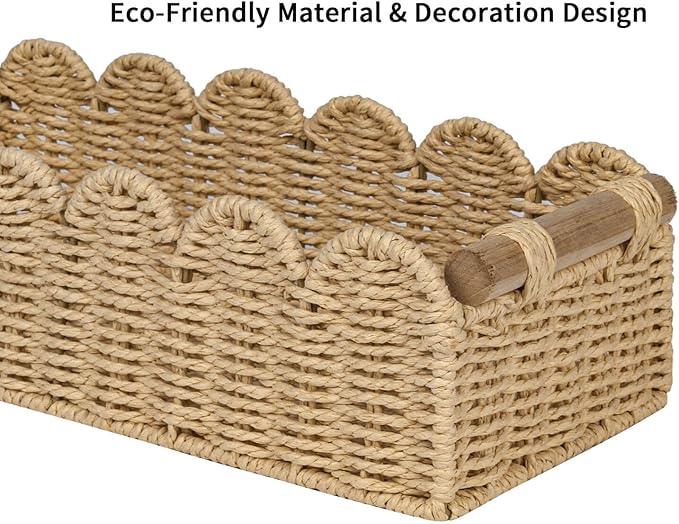 CubesLand Scalloped Edge Toilet Paper Storage Basket, Living Room Home Cozy Decor Basket, Paper Rope Small Baskets for Over Toilet Storage Shelf, End Table, Shelves, with 2 Wooden Handles, Beige - ModernBath