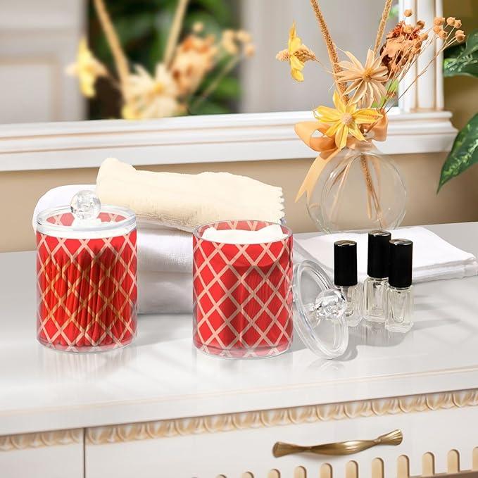 Tatenale Qtip Holder Bathroom Set Q tip Cotton Ball Swab Pad Dispenser Container Organizer Plastic Jars with Lids Storage 2Pack Red Square Rhombuses Mosaic Grid - ModernBath