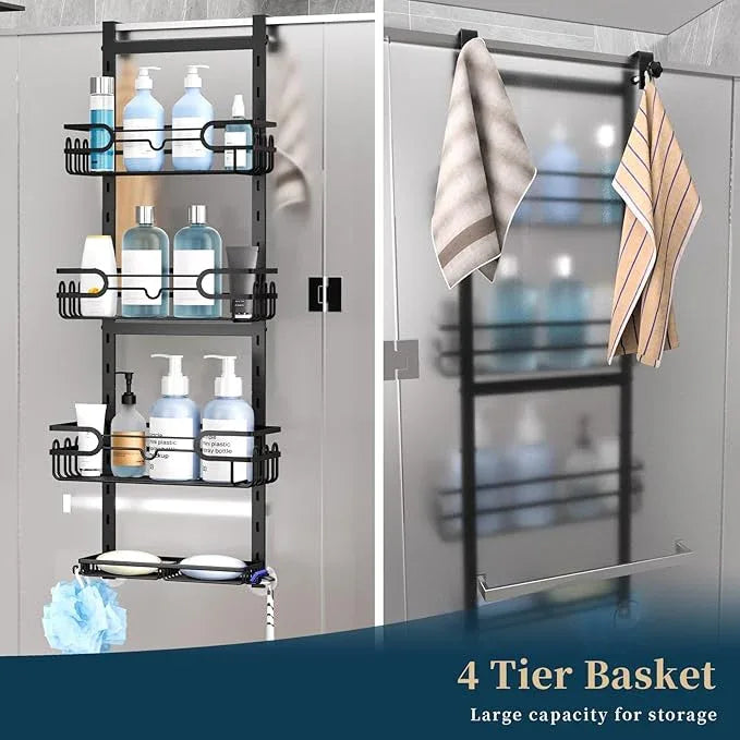 Consumest Over The Door Shower Caddy - 4 Tier Adjustable Hanging Shower Organizer Shelf with 2 Soap Holders & 22 Hooks, Rustproof Easy Installation Hanging Storage Rack for Bathroom, Black - ModernBath