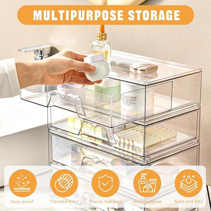 3 Pack Stackable Makeup Organizer, 12.1''L Acrylic Bathroom Organizer and Storage Undersink Drawer, Cosmetics and Beauty Supplies,Clear Plastic Storage Bins for Vanity,Pantry,Desk,Cabinet,Kitchen - ModernBath